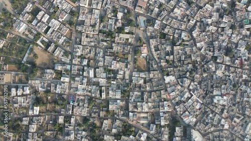 Ahore, Rajasthan, India 28th December 2022: 4k Drone shot of Ahore or Ahor is a town in the Jalore District of the Indian state of Rajasthan. Old villages of Rajasthan. View of colorful houses. photo