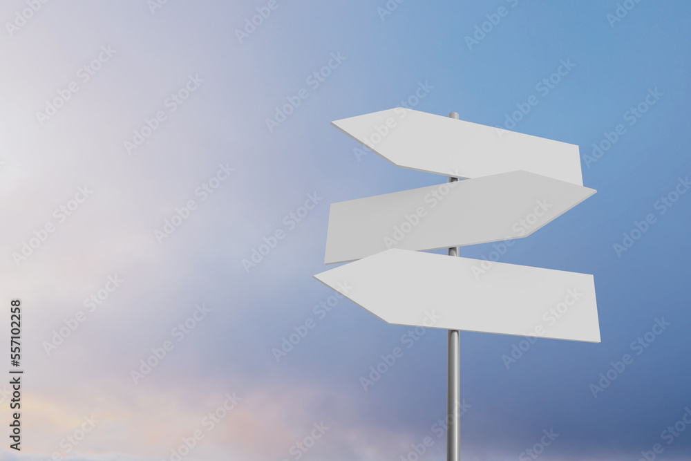three blank direction sign board mockup, 3d rendering three blank direction sign board mockup, 3d rendering
