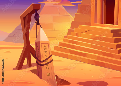 Archeology excavation next to ancient pyramid in desert in Egypt. African landscape with dig, egyptian obelisk hanging on ropes and entrance to pharaoh tomb, vector cartoon illustration