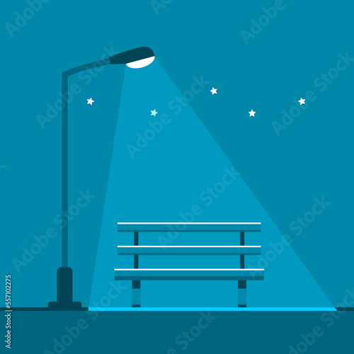 Blue wooden bench with glowing electric streetlight lamp bulb pole illuminated light and stars at public park garden in blue night backgroud flat vector design.
