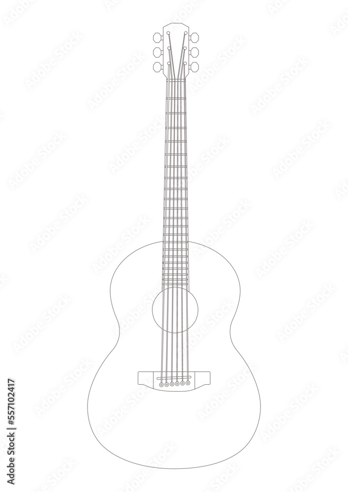 シンプルでおしゃれなクラシックギターのリアルな白黒線画イラスト素材