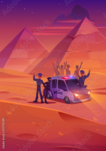 Policeman catch thief in desert in Egypt. African sand desert landscape with pyramids, police car and officer arresting tomb robber in evening, vector cartoon illustration