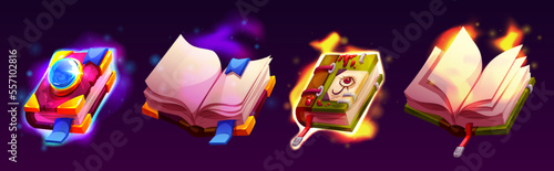 Medieval books of magic spells with mystery shine. Game icons of open and closed witchcraft books with blank pages and fantasy covers, vector cartoon illustration
