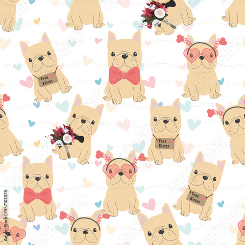 Fototapeta Naklejka Na Ścianę i Meble -  cute french bulldog dog in valentines day costume seamless pattern