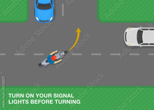 Safe motorcycle riding rules and tips. Turn on your signal lights before turning. Top view of turning moto rider on junction road. Flat vector illustration template.