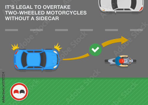 Overtaking tips and passing rules. It is legal to overtake two-wheeled motorcycles without a sidecar. Top view of car driver aims to pass the biker. Flat vector illustration template.