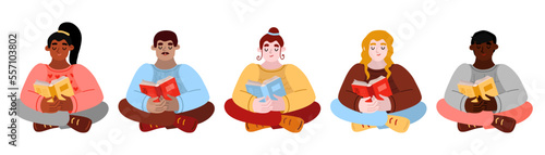 Diverse people read books. multi-cultural women and men sit and enjoy their hobby - reading. African american, caucasian, indian. Vector set of persons in cartoon style