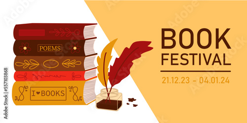 Banner with stack of books and feathers with ink. Vector illustration in flat cartoon style about reading