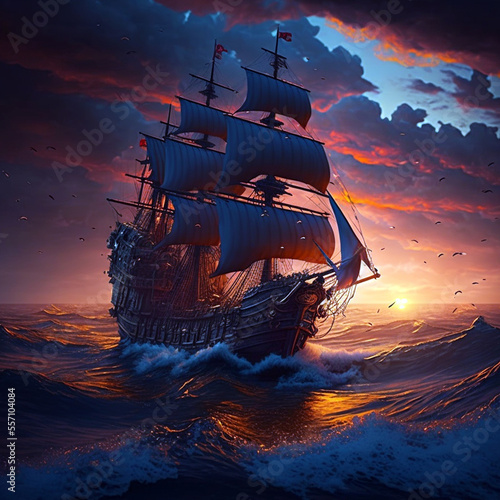 pirate boat at sunset generative AI