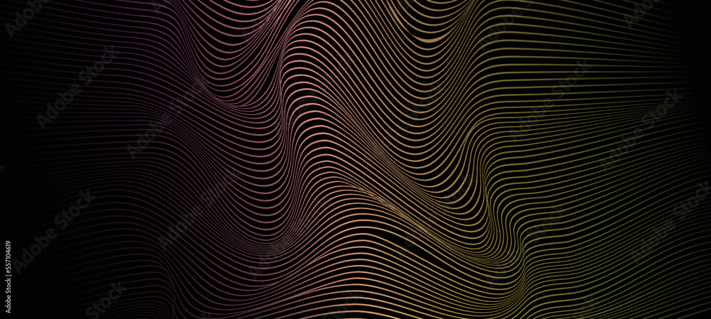 Abstract dotted wave line particles of bright yellow design element on dark black background. Modern technology futuristic concept. Vector illustration
