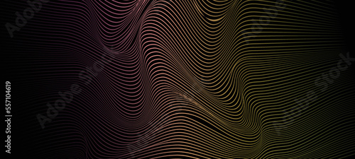 Abstract dotted wave line particles of bright yellow design element on dark black background. Modern technology futuristic concept. Vector illustration