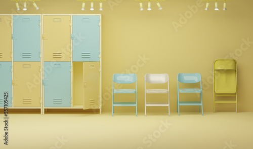 Creative composition. Row of lockers in the hallway on pastel yellow and blue background. Locker room gym school interior. 3D render for web page, presentation, studio.
