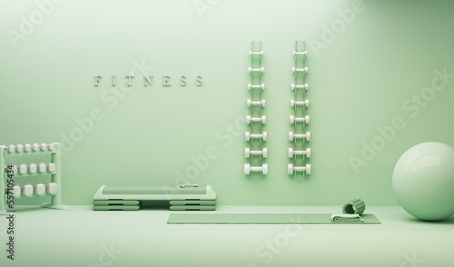 Fitness ball, sport mat, yoga block, skipping rope.Pastel green colors scene. Trendy 3d render for sport fitness equipment, female concept, lifting in the gym and exercise daily background. 