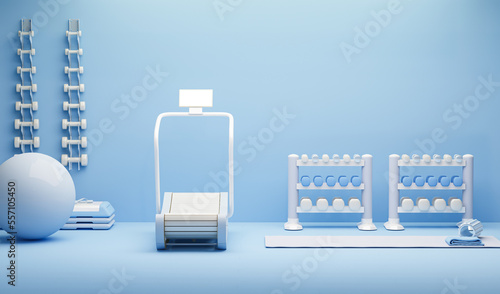 Fitness ball, sport mat, yoga block, skipping rope, Exercise bike.Pastel blue colors scene. Trendy 3d render for sport fitness equipment, female concept, lifting in the gym and exercise daily 