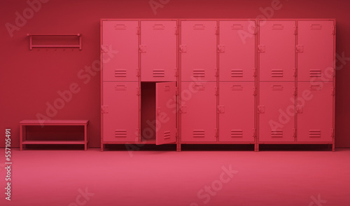 Viva magenta is a trend colour year 2023 in row of lockers in the hallway, locker room gym school interior. 3d render
