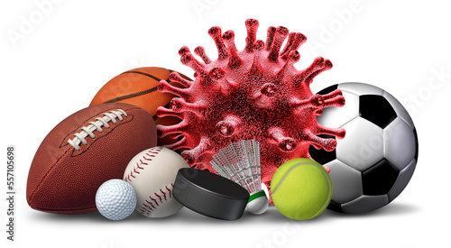 Covid and Sports equipment with a football basketball baseball soccer tennis and golf ball and badminton hockey puck as a coronavirus pandemic outbreak and virus spread  photo