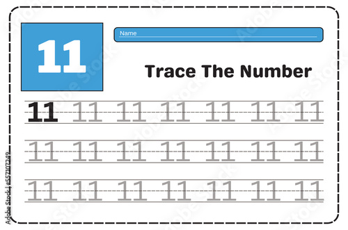 Number 11 tracing practice worksheet with Worksheet for learning numbers. Number training writes and counts numbers. Exercises handwriting practice