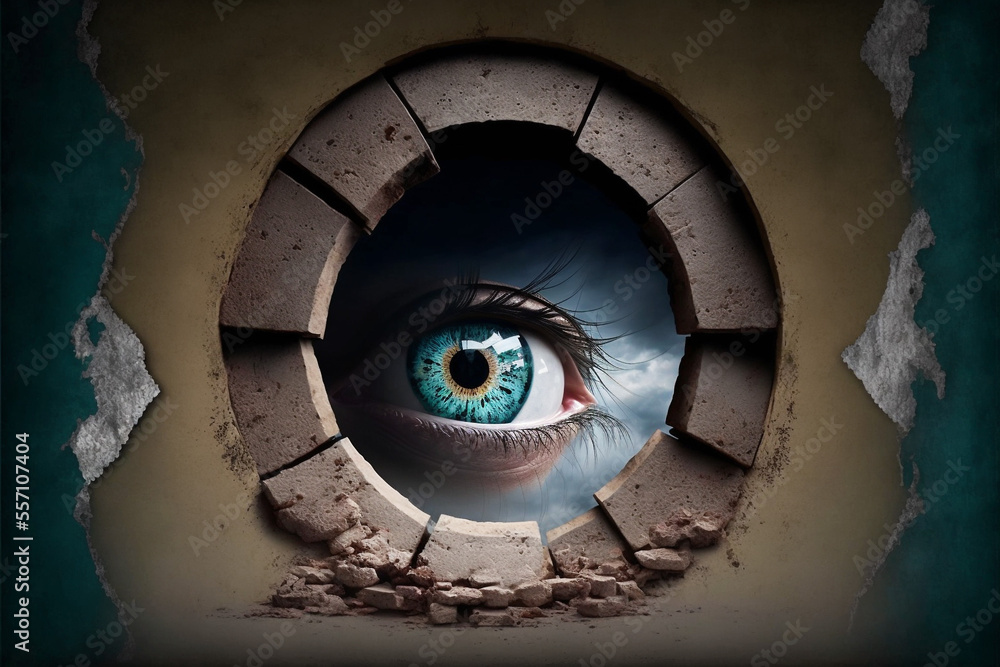 A large eye peers through a window in a wall, fantasy, examining. Art created with generative AI.