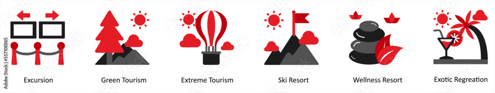Six vacation icons in red and black as exursion, green tourism, extreme tourism Six vacation icons in red and black as exursion, green tourism, extreme tourism