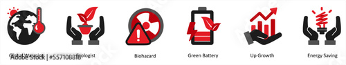Six ecology icons in red and black as global warming, ecologist, biohazard
