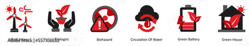 Six ecology icons in red and black as wind power, ecologist, biohazard