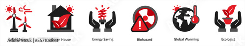 Six ecology icons in red and black as wind power, green house, energy saving
