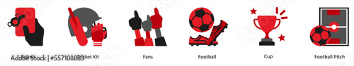 Six sports icons in red and black as refree, cricket kit, fans