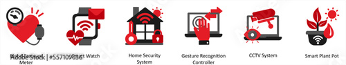 Six medical icons in red and black as blood pressure meter, smart watch, home security system