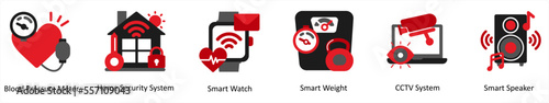 Six medical icons in red and black as blood pressure meter, home security, smart watch