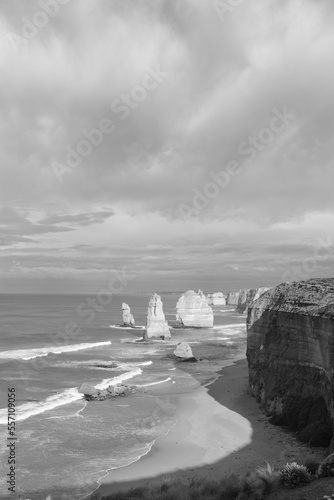 Twelve Apostles on the Great Ocean Road, Port Campbell, Victoria. Black and White.