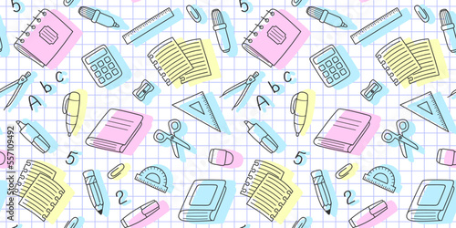 Black outline school supplies, office stationary and colored shadows on a notebook sheet in a cell. Back to school endless texture, business and education concept. Vector seamless pattern for print