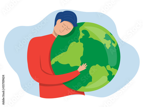 World Earth Day  Nature lover, ecology friendly lifestyle , boy embracing the planet Earth with green eco energy environmental protection Concept , Flat vector illustration.