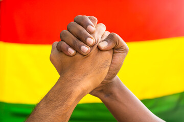 Two diverse hands joining hands against black history month flag to show unity - concept of support, activism and celebration