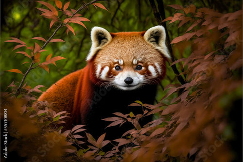 Red panda or little panda (Ailurus fulgens), an omnivorous mammal that inhabits Asia. Generative AI. photo