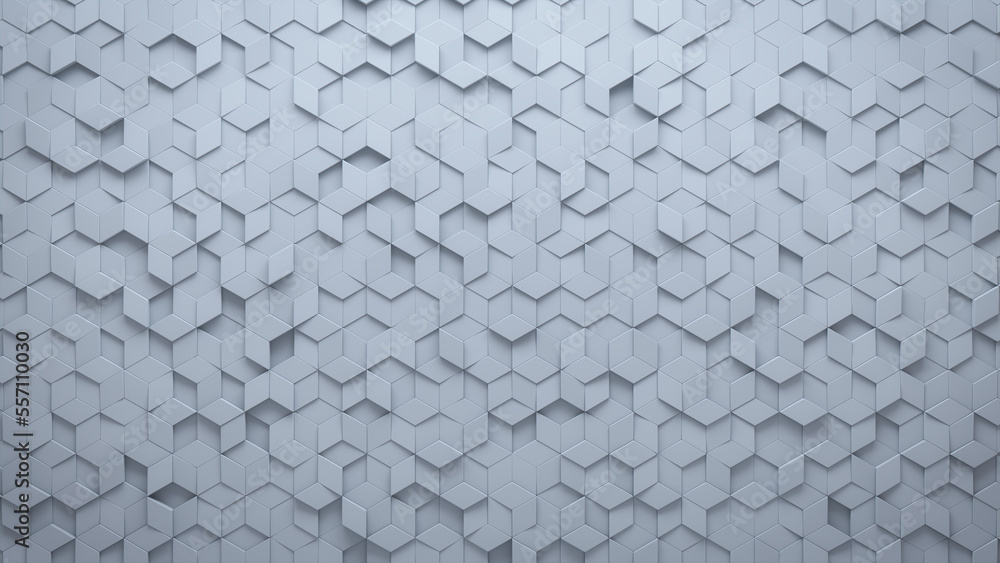 Diamond Shaped, 3D Mosaic Tiles arranged in the shape of a wall. Futuristic, White, Blocks stacked to create a Semigloss block background. 3D Render Diamond Shaped, 3D Mosaic Tiles arranged in the shape of a wall. Futuristic, White, Blocks stacked to create a Semigloss block background. 3D Render