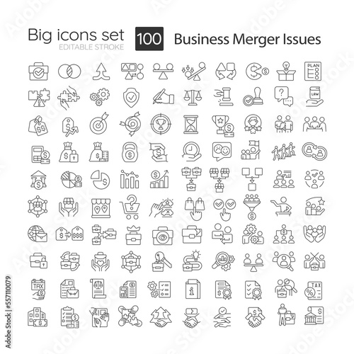 Merger between companies linear icons set. Business transactions. Combining finances. Customizable thin line symbols. Isolated vector outline illustrations. Editable stroke. Quicksand-Light font used
