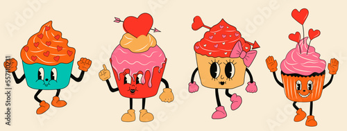 Retro set cupcake 30s cartoon mascots characters -. 40s, 50s, 60s old animation style.Valentine's Day cupcake style vector. Happy, smile emotions.