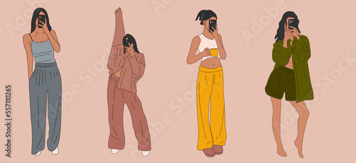 Set of four Beautiful young women taking selfie in pajamas. Hand drawn vector illustration. Cartoon style.	