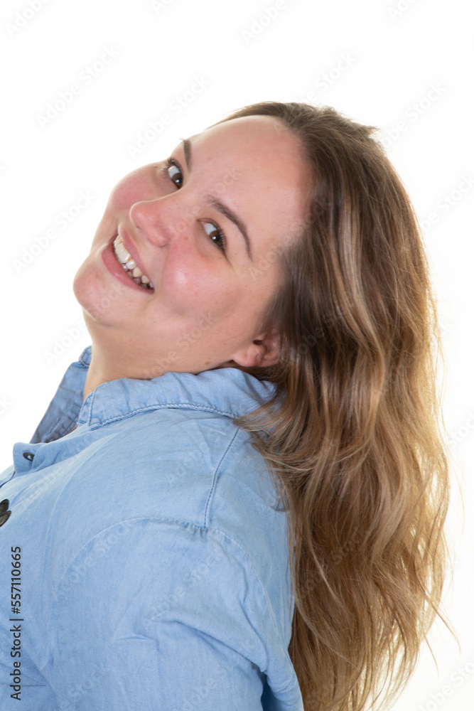 Plus size chubby woman blonde model in casual clothes blue fat girl on white background Plus size chubby woman blonde model in casual clothes blue fat girl on white background