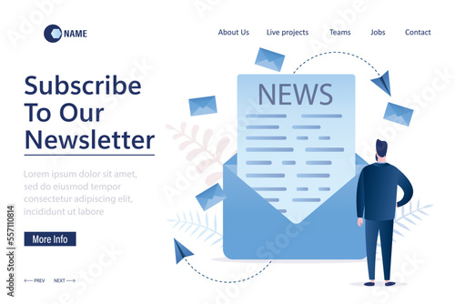 Subscribe to our newsletter, landing page template. Businessman checks and reading e-mail. Business correspondence, man reads letter. Male character near big open envelope. New message