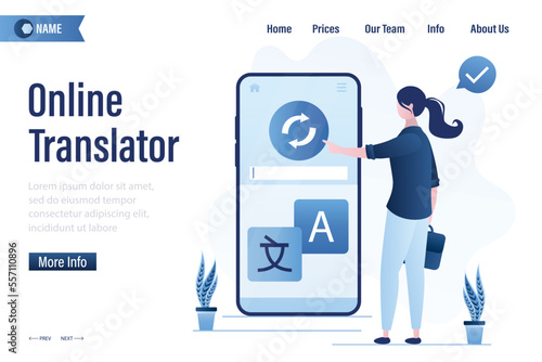 Language translator, dictionary, bot translator, landing page template. Speech bubbles on mobile phone screen. Online translation app.