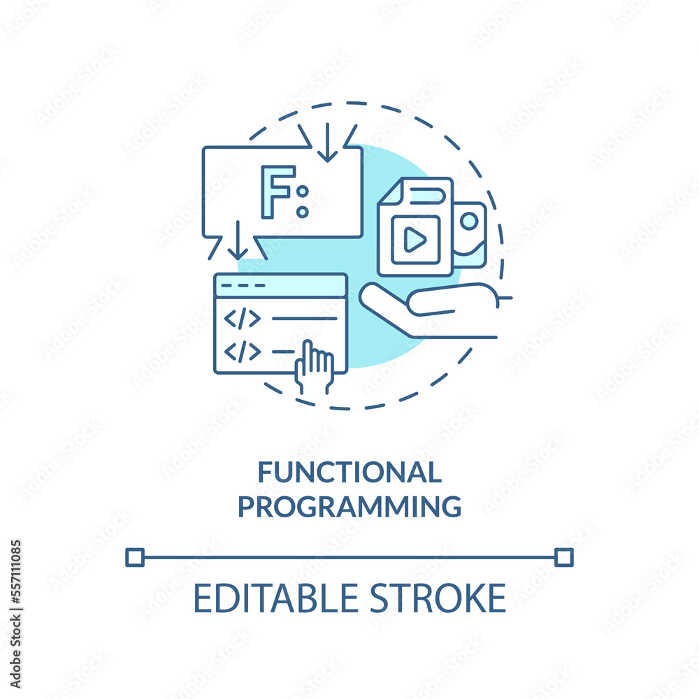 Functional programming turquoise concept icon. Coding paradigm type abstract idea thin line illustration. Function calls. Isolated outline drawing. Editable stroke. Arial, Myriad Pro-Bold fonts used