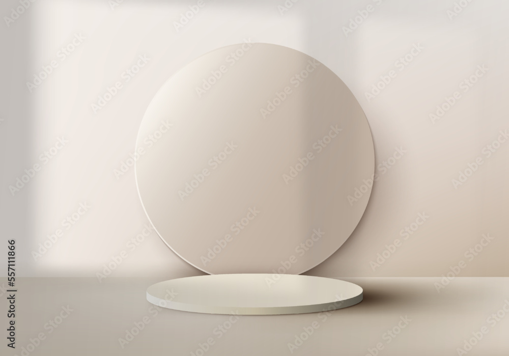 3D realistic empty studio room beige cylinder podium stand 3D realistic empty studio room beige cylinder podium stand