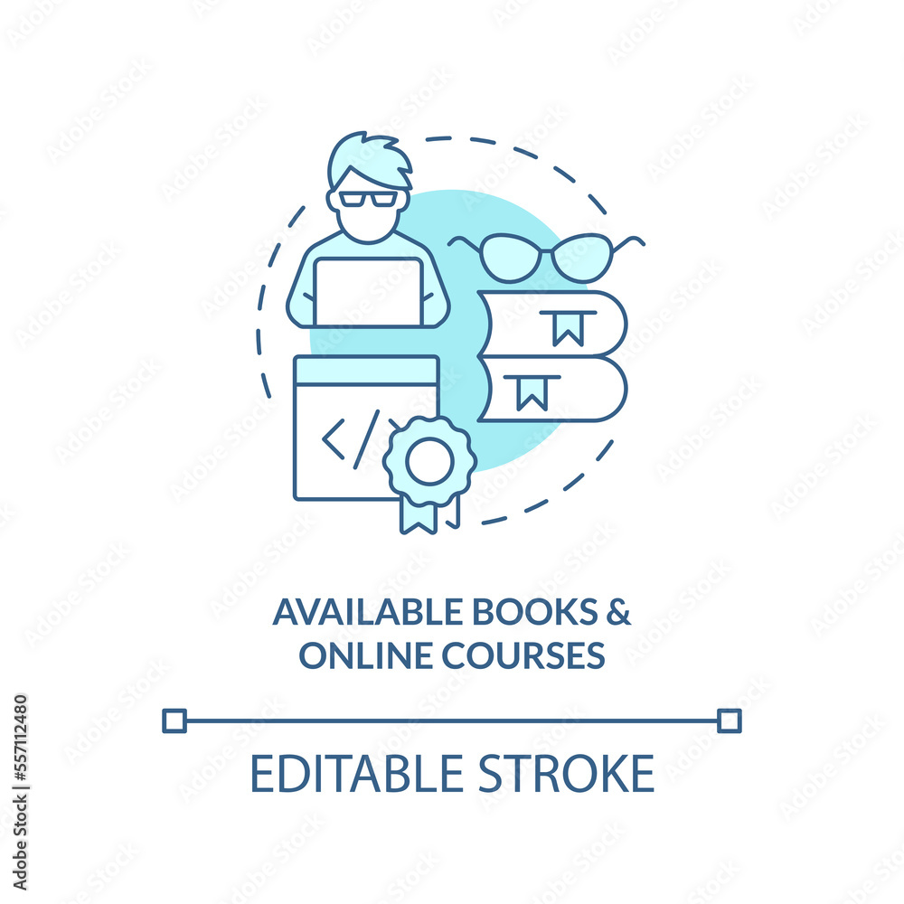 Available books and online courses turquoise concept icon. Procedural programming abstract idea thin line illustration. Isolated outline drawing. Editable stroke. Arial, Myriad Pro-Bold fonts used