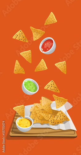 Illustration of falling Mexican food nachos with sauces on a tray with a napkin. All on an orange background. Bright kitchen illustration. Suitable for printing on banners and flyers, restaurant menus