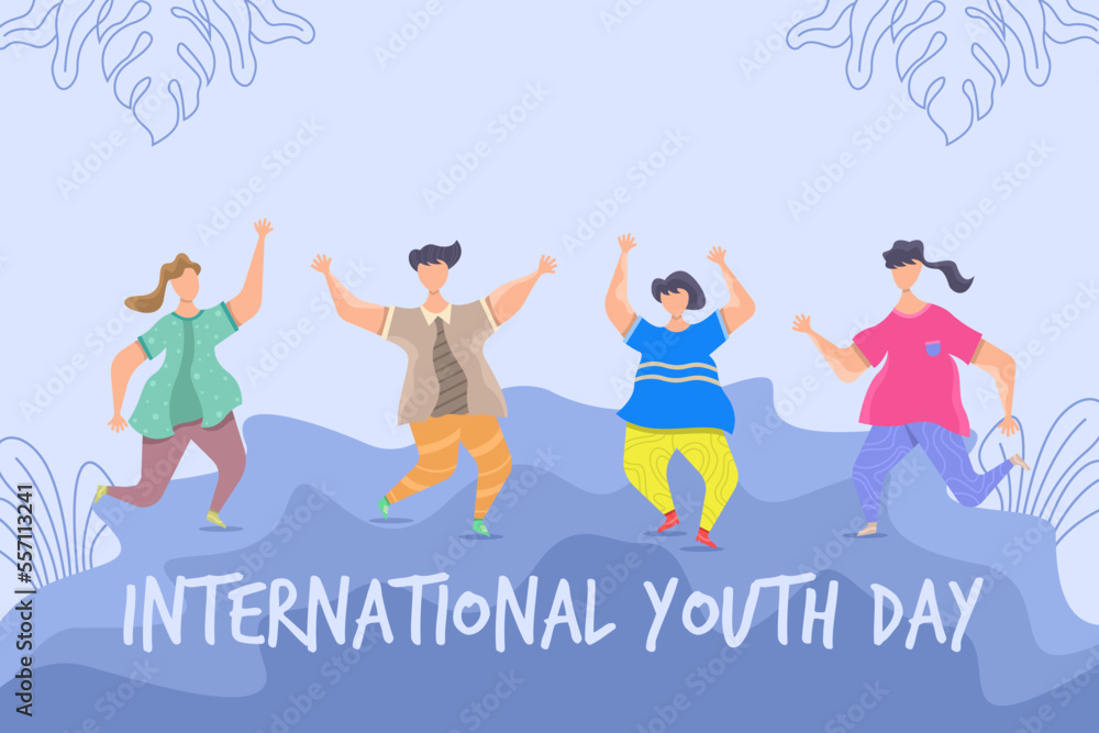 Fototapeta premium International youth day flat illustration, Happy youth day with people jumping, a friendly team, cooperation, and friendship