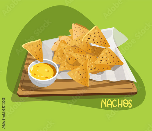 Illustration of Mexican food nachos on a tray with a napkin and cheese sauce on a green background. Bright kitchen illustration. Suitable for printing on banners and flyers, restaurant menus