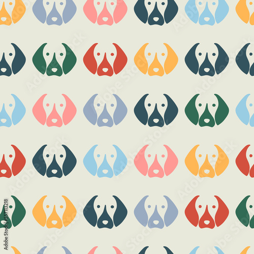 Hand drawn drawn beagle puppy face silhouette seamless pattern. Abstract background with hand drawn doodle shapes.