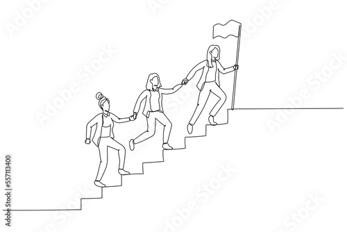 Illustration of businesswoman team walking up staircase, holding hands with raised flag. Single line art style