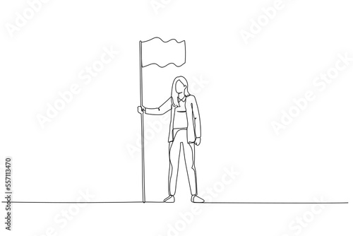 Drawing of businesswoman hold flag demonstrate goal achievement showing leadership. Single continuous line art